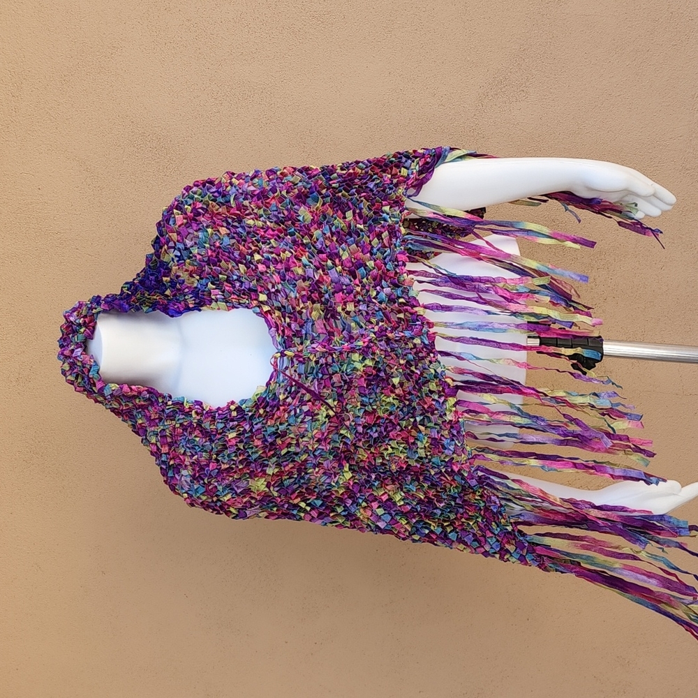 VINTAGE HANDMADE Ribbon Weave Woven Shawl Cocoon Poncho Top Ombre Purple Y2K - Picture 5 of 16